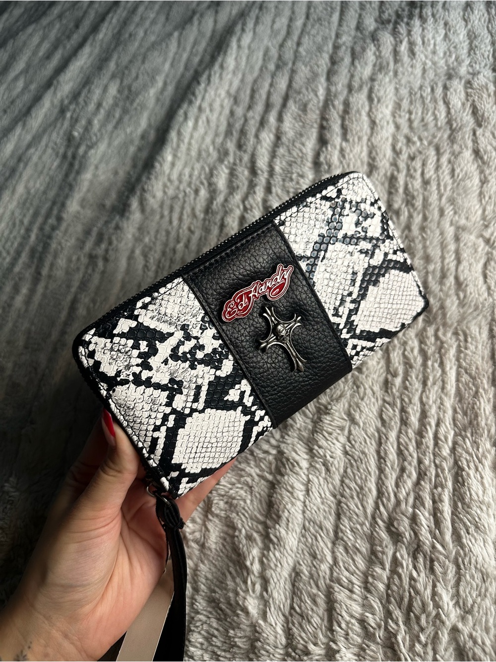 Ed Hardy Black & White Snake Print Zip Wallet with Cross Accent